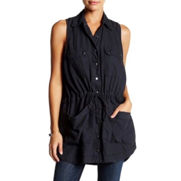 Free People Black Too Far Sleeveless Tunic Snap Front Cinched Waist Top Shirt XS - Picture 1 of 9